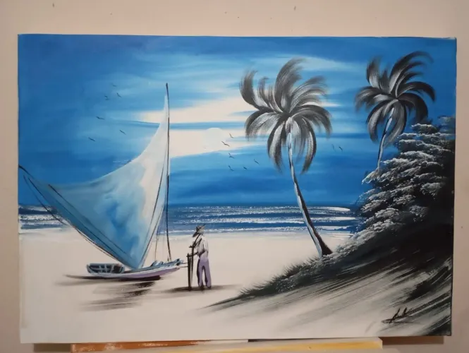 Quadro Pintura de Praia com Sol - Decoração de Parede