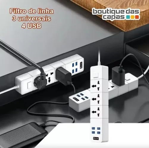 Filtro De Linha regua com 3 tomadas internacionais e 4 Entradas Usb Oi-to105 bi volt 1,8m