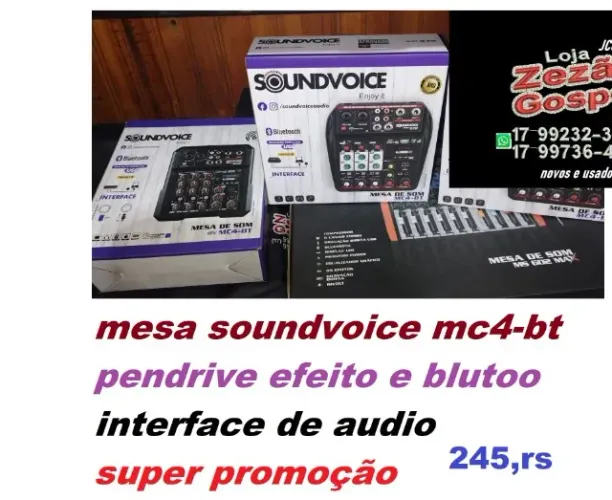 SÓ 245,RS mesa soundvoice mc4-bt pendrive efeito e blutoo interface de audio