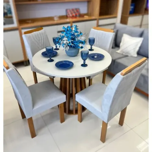 Mesa Jantar Berlim Tampo Vidro Off Redondo 100×100 4 Cadeiras Linho- Produto Novo
