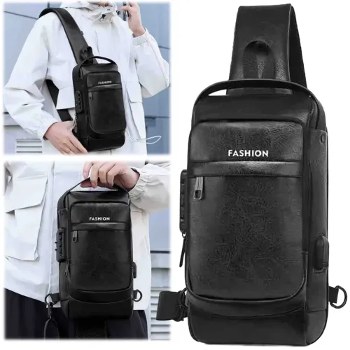 Mini Bolsa Mochila Tiracolo Transversal em Couro Sintético Preto, Anti Furto e Porta USB