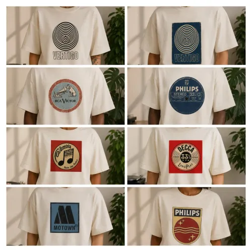 T-shirts camisas de gravadoras fonográficas clássicas