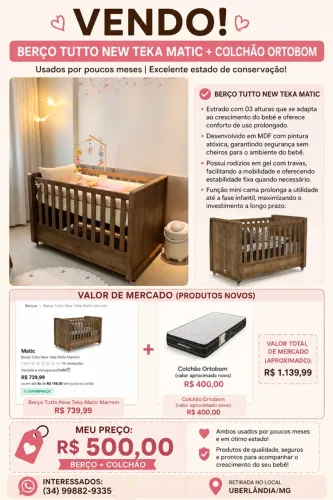 VENDO BERÇO TUTTO NEW TEKA MATIC + COLCHÃO ORTOBOM