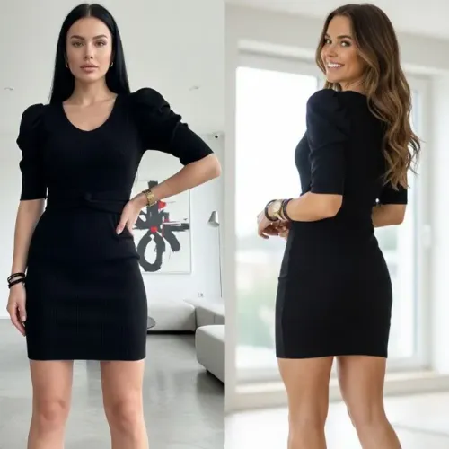 Vestido curto canelado manga bufante com bojo e laço