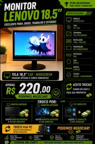 Monitor Lenovo 18,5" LED Widescreen Funcionando 100% | Aceito brik