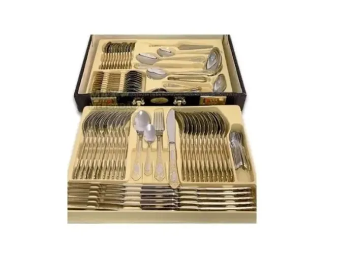 Kit Facas 84 peças Faqueiro Serve 12 pessoas Inox Banhado a Ouro 24k