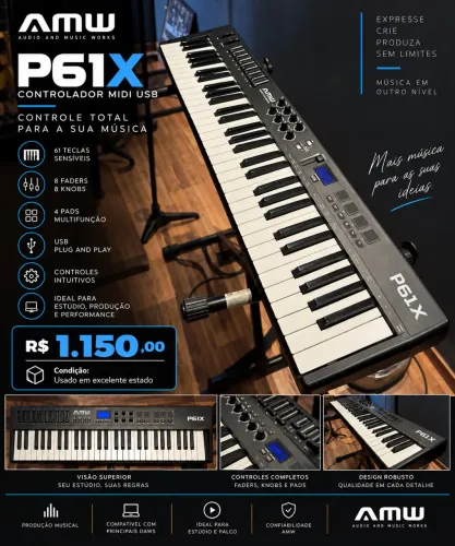 Teclado controlador Controlador AMW P61X 61 Teclas sensiveis a velocidade