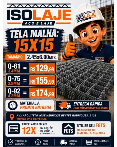 Tela Malha 15x15 2450x6000 P/ Lajes e Calçadas