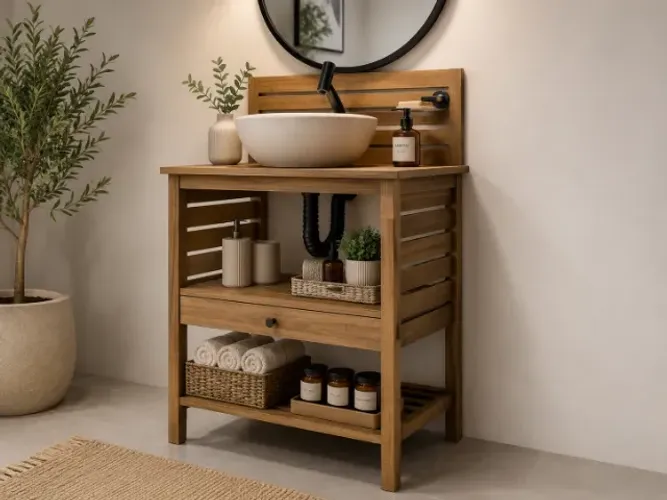 Gabinete para Banheiro Ripado Madeira Maciça Com Torneira e Cuba. A 82cm x L65cm x P40cm