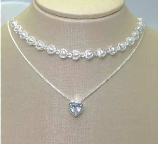 Kit 2 choker colar de pérolas de coração+ colar de luz banhado a prata 