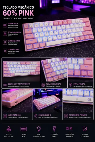 Teclado Mecânico Gamer 60% - Rosa/Branco com RGB