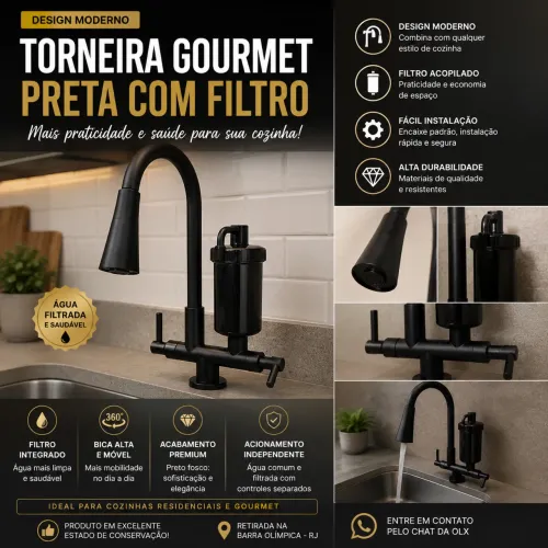 Torneira Gourmet Preta com Filtro Acoplado