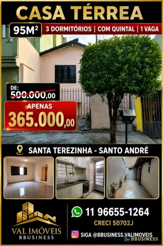 Casa terrea 85m² 3 dormitórios com quintal 1 vaga. Terreno 5x27m à venda, Vila Camilópolis