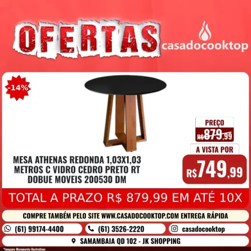MESA ATHENAS REDONDA 1,03X1,03 METROS C/ VIDRO CEDRO / PRETO (RT) DOBUE MOVEIS 200530DM
