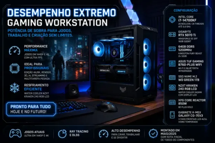 PC Gamer High-End RTX 5070 Ti 16GB + Core i7 14700KF + 64GB DDR5 + 1TB SSD NVMe