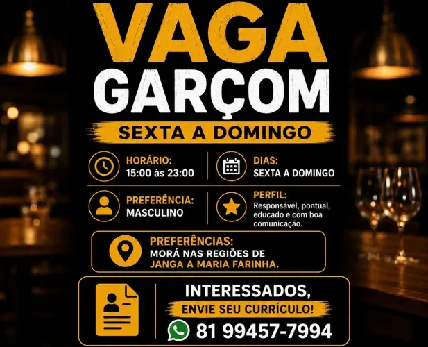 Vaga para Garçom | Sexta a Domingo | Paulista-PE