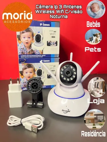 Câmera Babá Eletrônica 3 Antenas, Wi-fi, HD, Audio, Microfone, Movimento, Visão Norturna