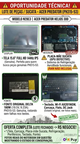Notebook Gamer Acer Predator Helios 300 (PH315-53) - Para Retirada de Peças / Sucata