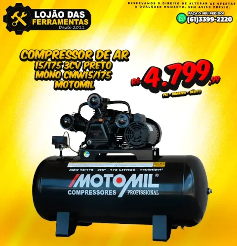 Compressor de Ar 15/175 3Cv Preto Mono Cmw15/175 Motomil