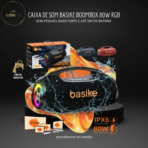 CAIXA DE SOM BASIKE BOOMBOX 80W RGB | SOM PESADO, BASS FORTE E ATÉ 10H DE BATERIA