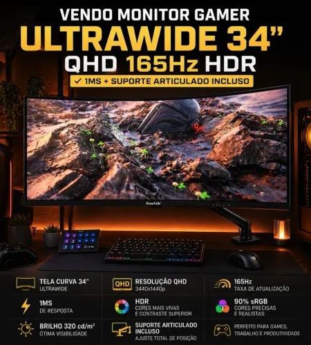 MONITOR GAMER CURVO ULTRAWIDE 34' 165Hz QHD + SUPORTE ARTICULADO 