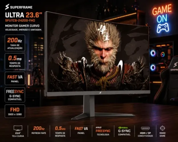 Monitor Gamer SuperFrame Ultra, 23.6 Pol, Curvo, FHD, Fast VA, 0.5ms, 200Hz, FreeSync