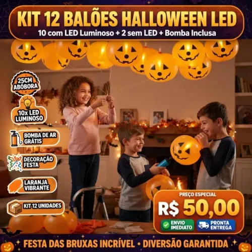 Jogo kit Balões Halloween Abóbora Fantasma 25cm 10 Com LED Luminosos 2 Sem LED Bexigas Lar