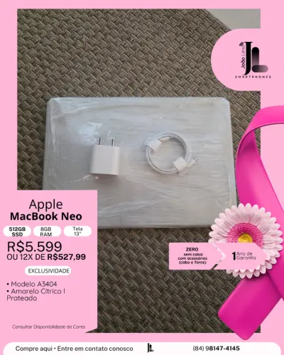 MACBOOK NEO, 512GB, 8GB RAM, TELA 13 POL., ZERO, SEM CAIXA, LANÇAMENTO!
