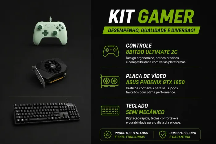 KIT Placa de vídeo GTX 1650, Controle 8BITDO, TECLADO + jogos
