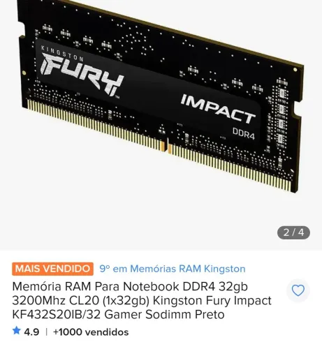 Memória RAM Para Notebook DDR4 32gb 3200Mhz CL20 (1x32gb)