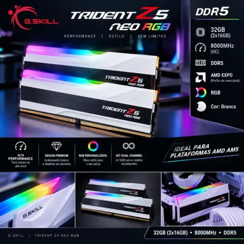 32gb ( 2x16gb ) Memória G.Skill Trident Z5 Neo RGB Branca 8000mhz