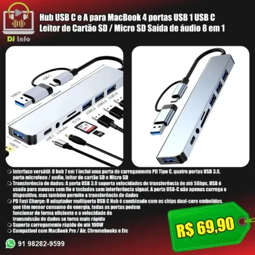 Hub USB C e A para MacBook 4 portas USB Leitor de Cartão SD / Micro SD Saída de áudio 8 em