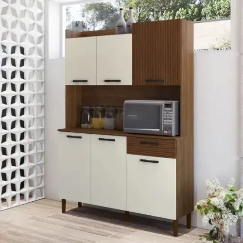 Oferta Armário de Cozinha Gênova Nogueira/Off White/Ripado
