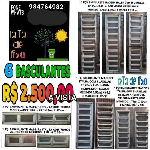 6 Basculantes Madeira Itaúba com Vidros Martelados