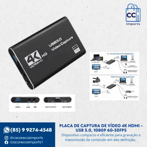 Placa de Captura de Vídeo 4K HDMI - USB 3.0, 1080p 60-30fps