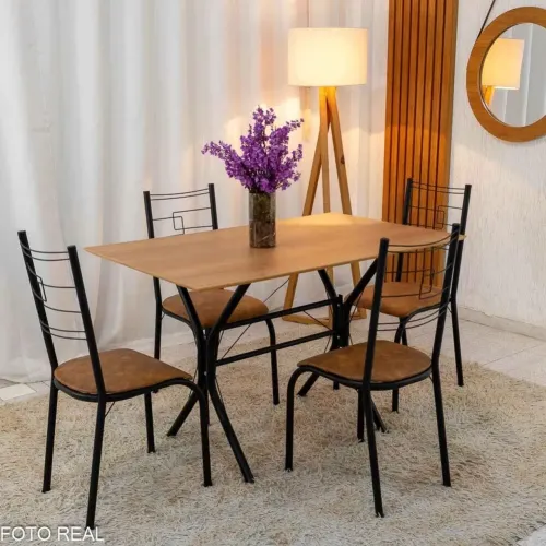 Mesa Paraty Base Cabo Frio Preto Tampo Madeirado 120×75 4 Cadeiras Paraty