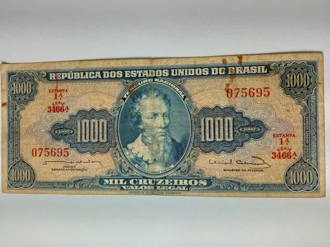 Cédula Rara de Mil Cruzeiros 1942 - Pedro Álvares Cabral - N° de Série 075695 - MB<br>