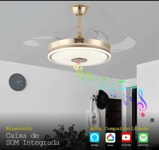 Ventilador Musical Bluetooth Teto Retrátil Led Controle Remoto