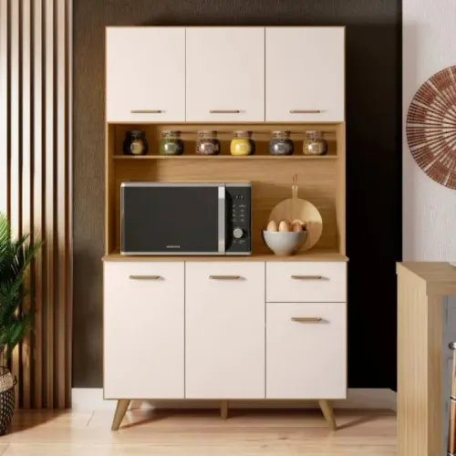 Kit Cozinha Lívia com 6 Portas, 1 Gaveta e 2 Prateleiras Freijó/Off White Montagem Grátis