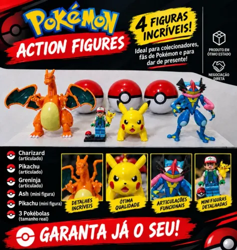 Pokémon Action Figures Charizard, Pikachu, Greninja, Ash + 3 Pokébolas