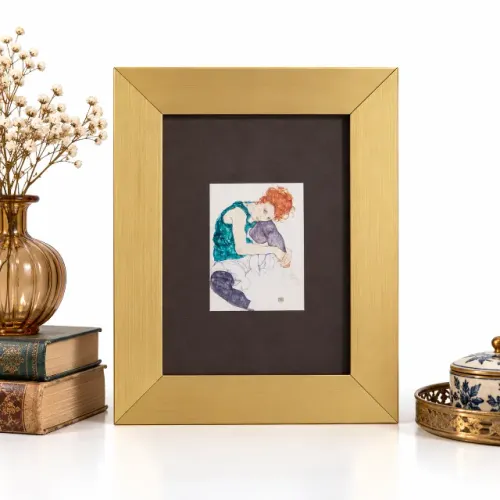 Quadro Decorativo Egon Schiele Mulher Sentada Expressionismo Arte Moldura Dourada 20x25