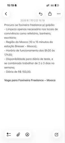 Vaga para Faxineira Freelance - Mooca