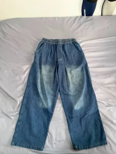 Calça jeans baggy azul com cintura elástica - wide leg