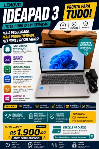 OPORTUNIDADE! Lenovo IdeaPad 3 | Intel Core i3 11ª Geração | SSD NVMe | 8GB RAM 