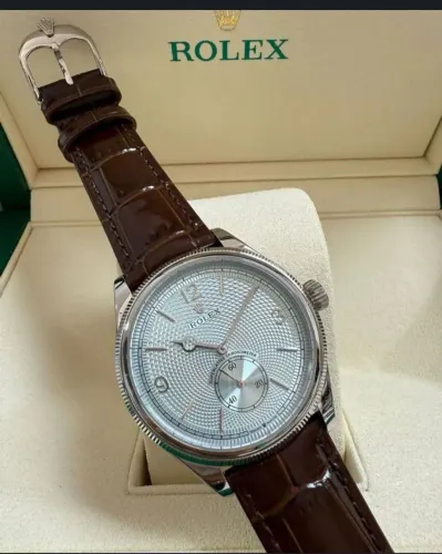 Relógio Estilo Rolex 1908 em Aço Inoxidável e Couro