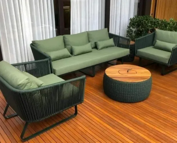 CONJUNTO SOFÁ DE CORDA NÁUTICA + CHAMPANHEIRA DE MADEIRA 