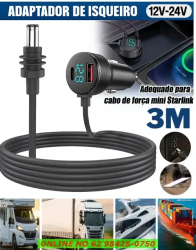 Cabo Para Carregador Carro Starlink Mini 3em1 3m 12v/24v Preto 12v/24v