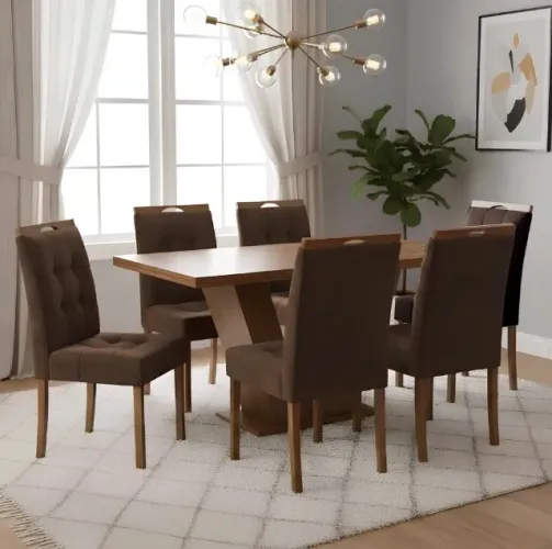 Conjunto Mesa Monarca 160 Cinamomo com 6 Cadeiras Veludo Marrom