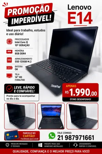 Notebook Lenovo E14, i5 da 10 geração, 8gb , ssd 120gb, Windows 11, bateria ok, ddr4
