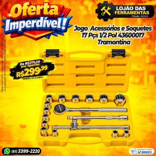 Jogo Com 17 Peças de Soquetes e Acessórios 1/2 Pol 43600017 Tramontina